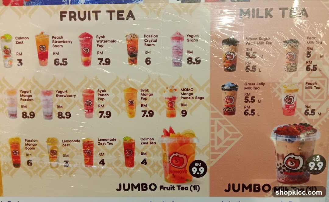 Fruit Tea and Milk Tea Menu