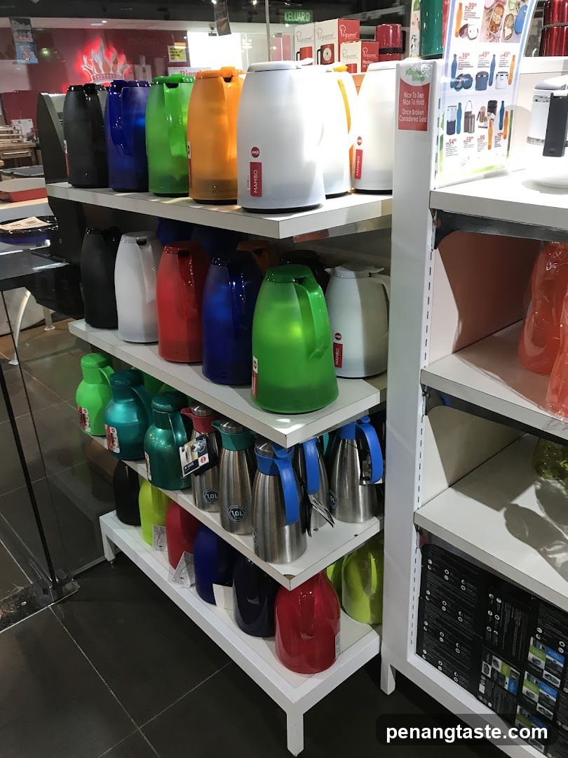 Colorful thermoses and kettles on display