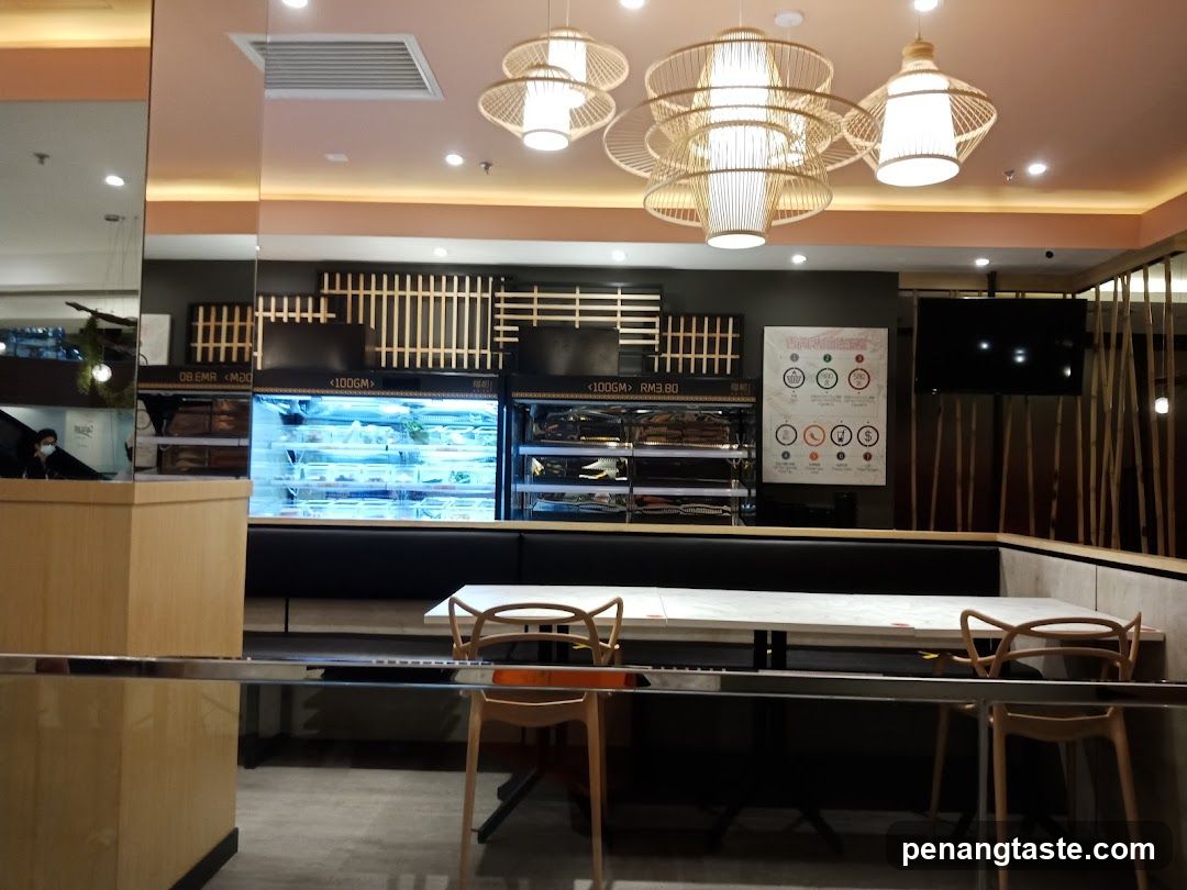 Restaurant Interior with Display Cases and Seating