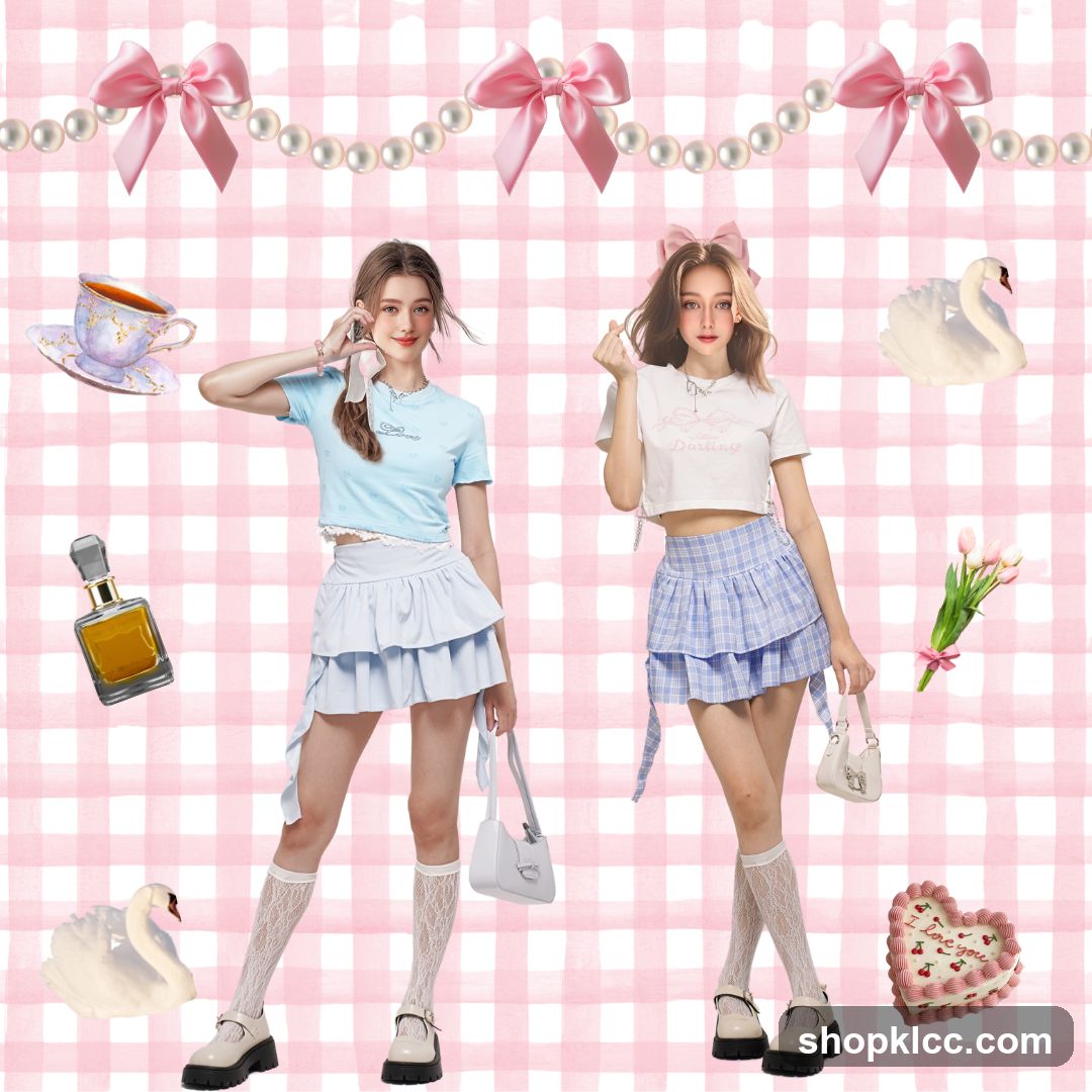 Two young women in pastel outfits