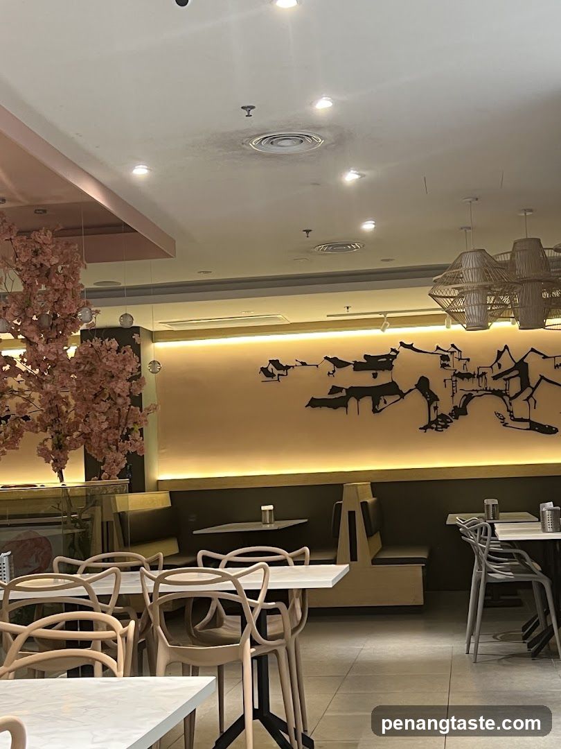 Restaurant Interior with Cherry Blossoms and Asian Art