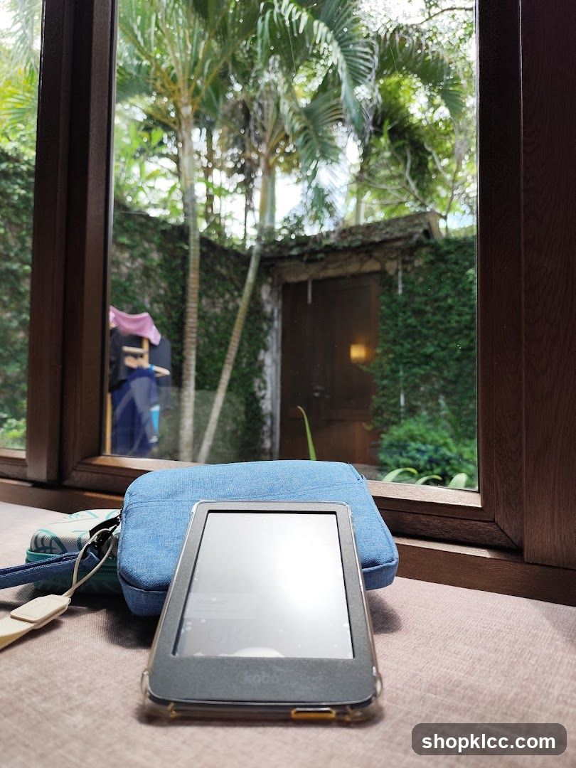 E-reader and bags by the window