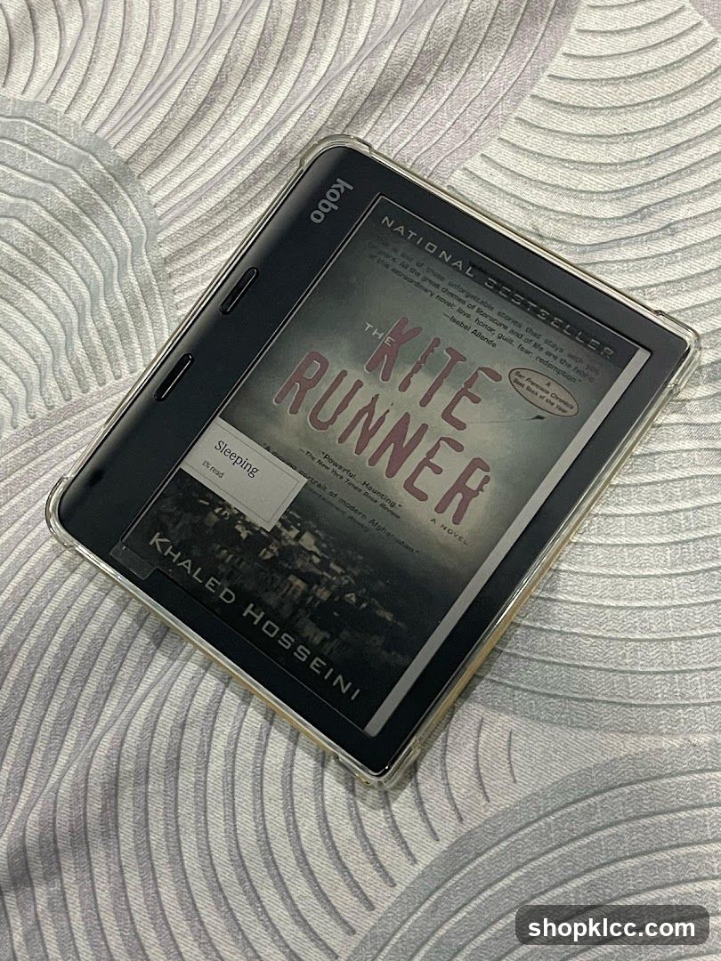 Kobo e-reader with "The Kite Runner"