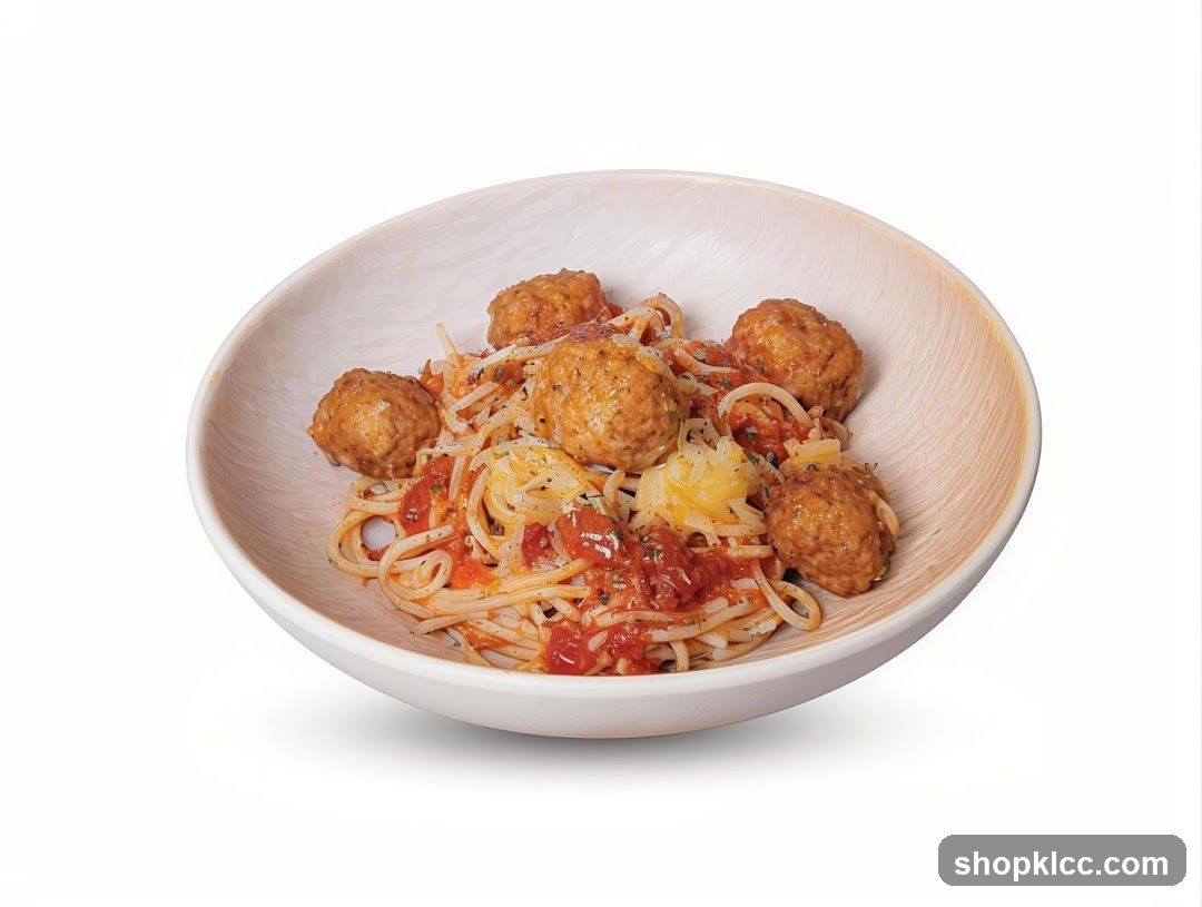 Spaghetti with Meatballs in a Wooden Bowl