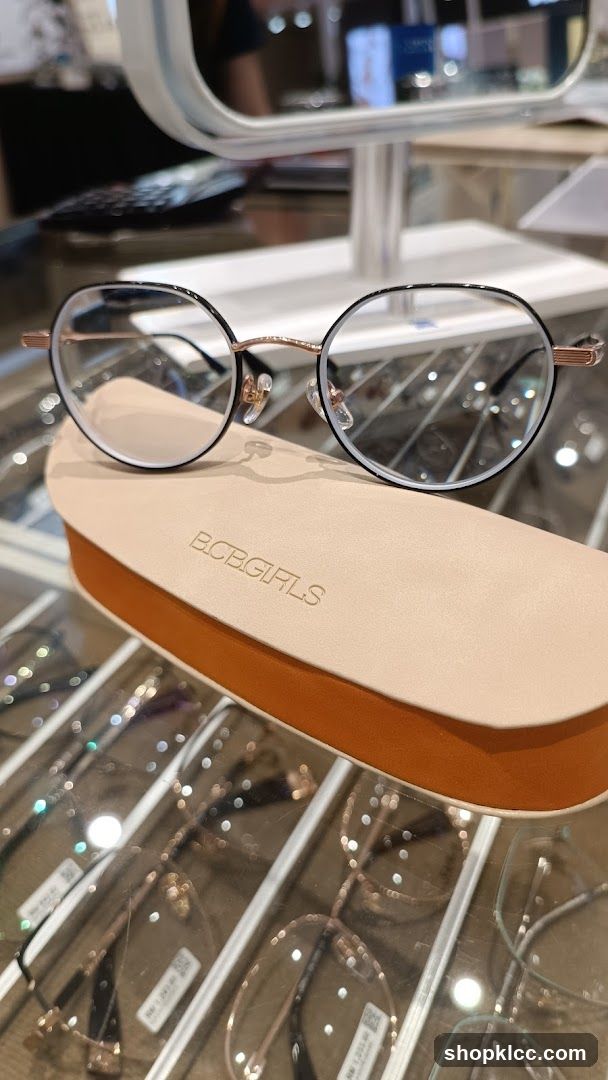 Eyeglasses on display case