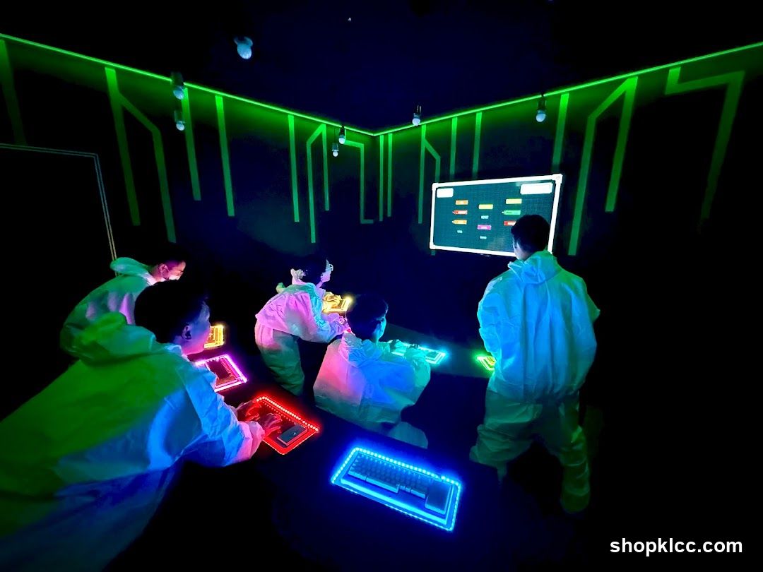 People playing a video game in a neon-lit room