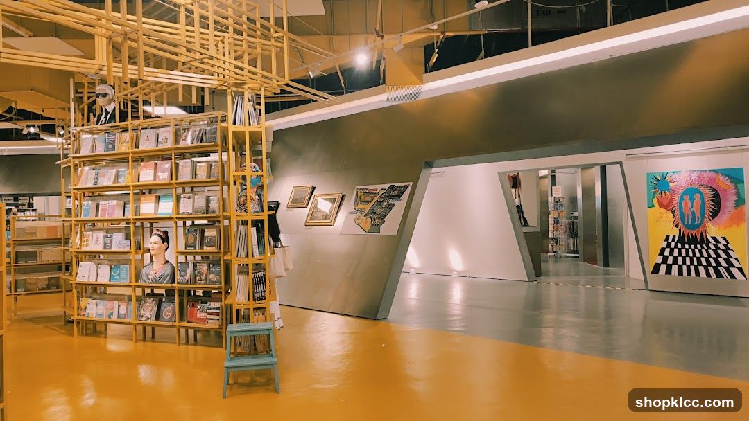 Interior of a bookstore with art displays