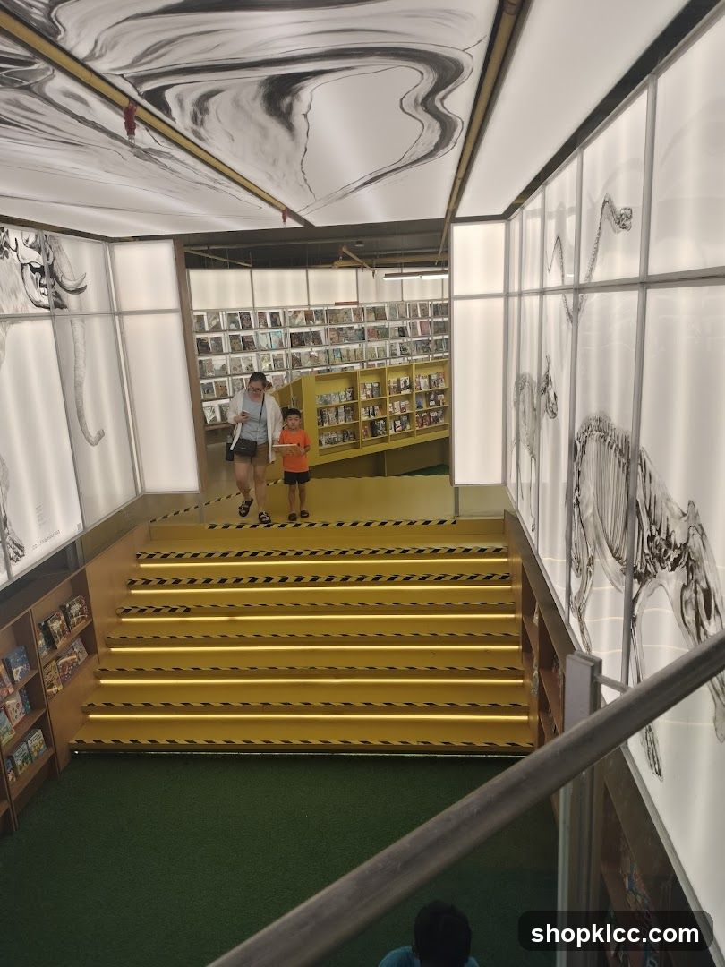 Interior of a bookstore with decorative walls and stairs