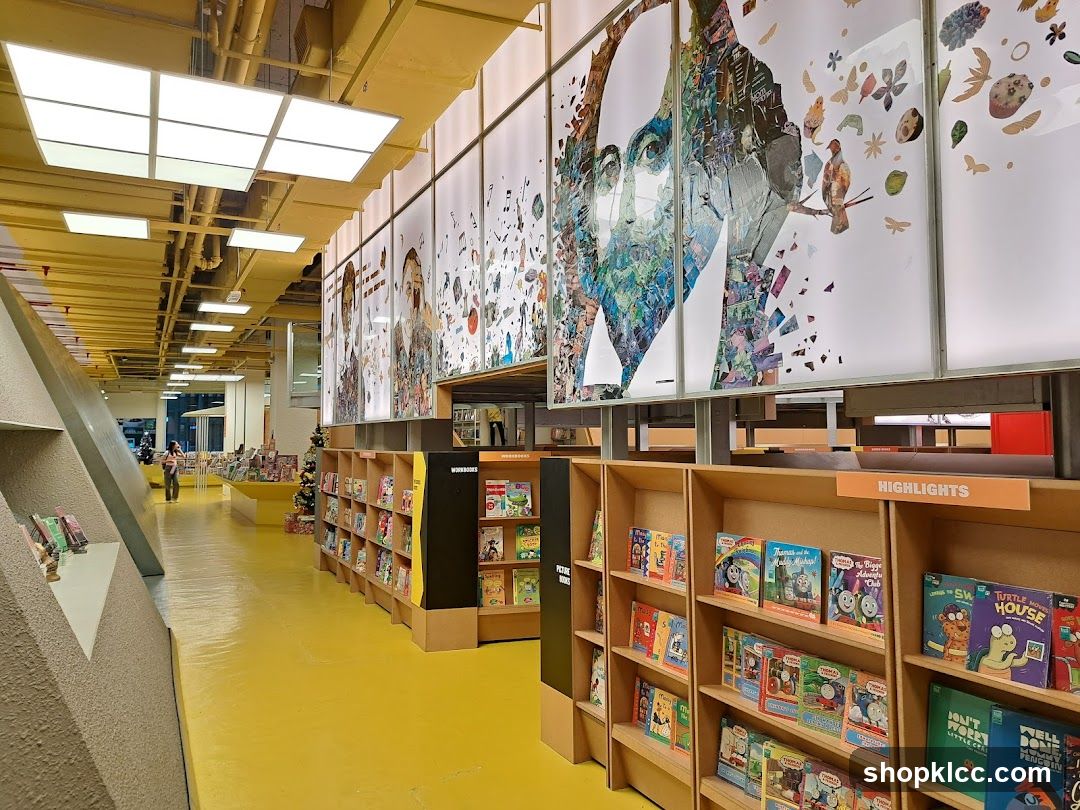 Interior of a brightly lit bookstore with colorful displays