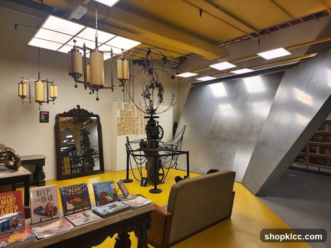Interior of a room with books and art installations