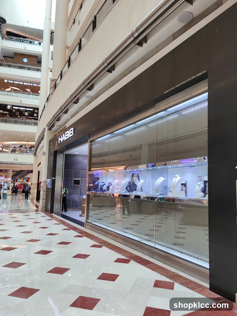 The exterior of a Habib Jewels store located in a mall. The store has a modern facade with a large display window showcasing jewelry on mannequins and stands. The store name "HABIB" is prominently displayed above the entrance. The mall's interior, including the tiled floor and other shops on different levels, is visible in the background.