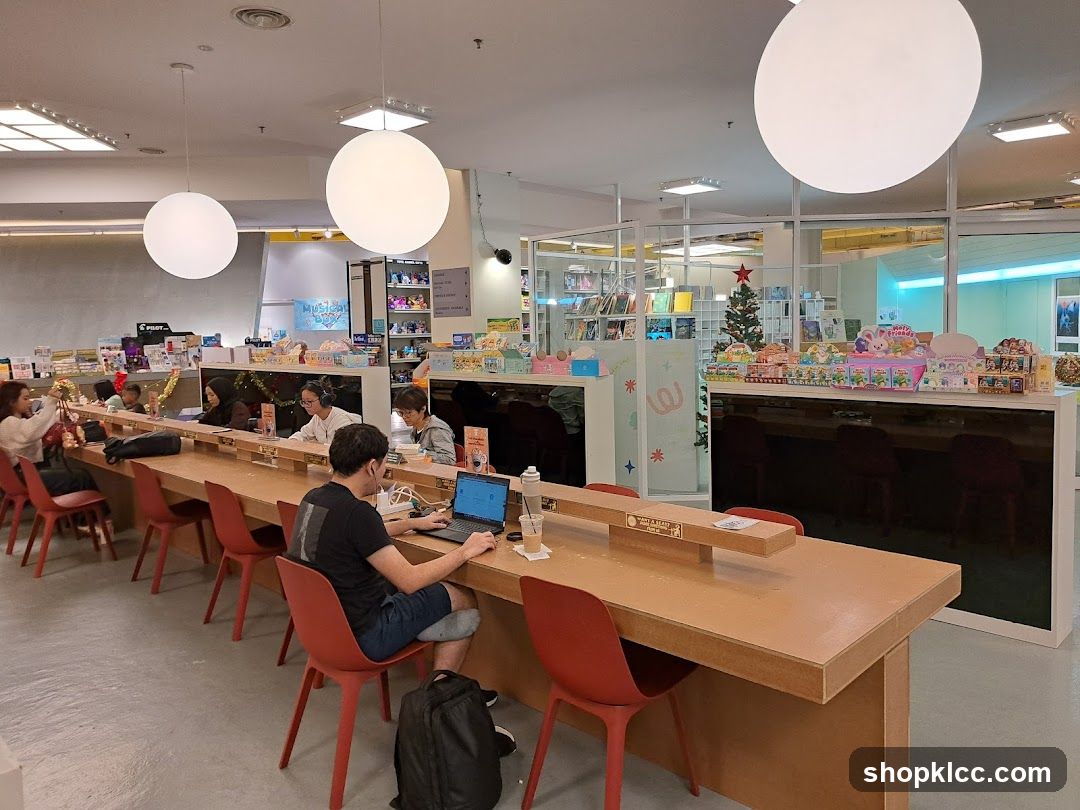 People studying at a long table in a brightly lit store