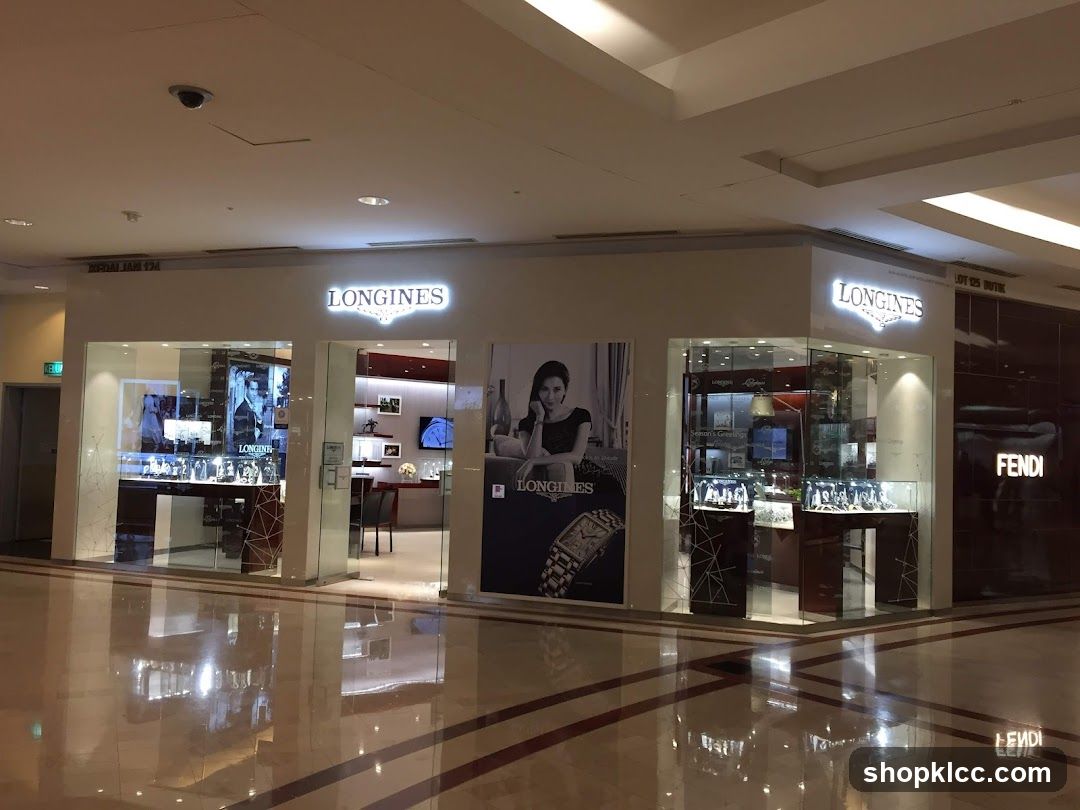 The exterior of a Longines watch store and a Fendi store, located side-by-side in a mall. The Longines store features large glass windows displaying watches and promotional images of models wearing Longines watches. The Fendi store has a dark facade with the Fendi logo illuminated.