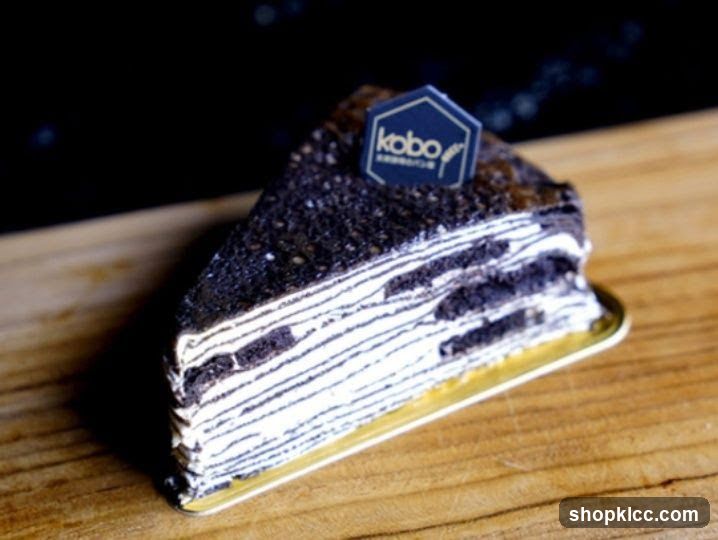 Slice of Black Sesame Mille Crepe Cake