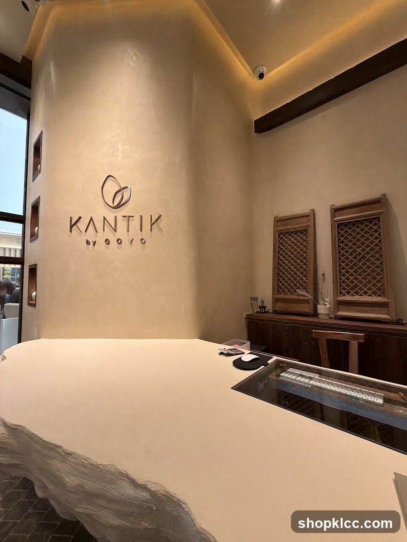 Interior of a store with a large counter and branding