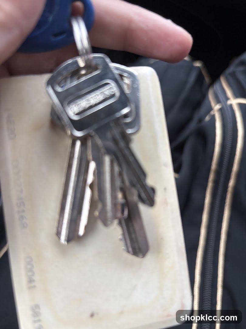A hand holds a set of keys attached to a blue fob and a cream-colored access card. The keys have silver metal heads with some text visible, and the card has numbers printed on it. A black fabric with gold stripes is visible in the background.
