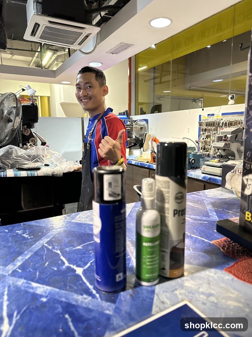 Man giving thumbs up in a shop