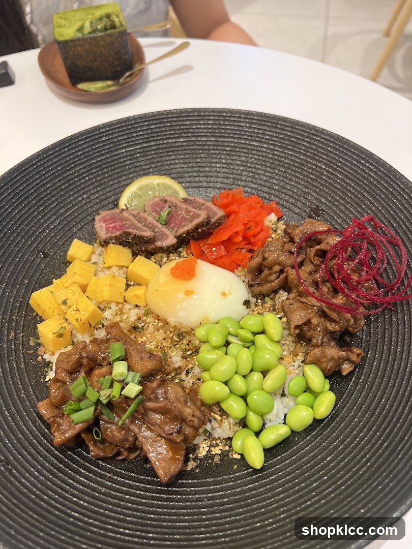 Donburi Bowl with Sliced Beef and Edamame