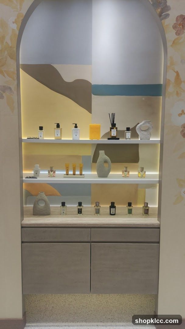 Display shelf with fragrances and decor