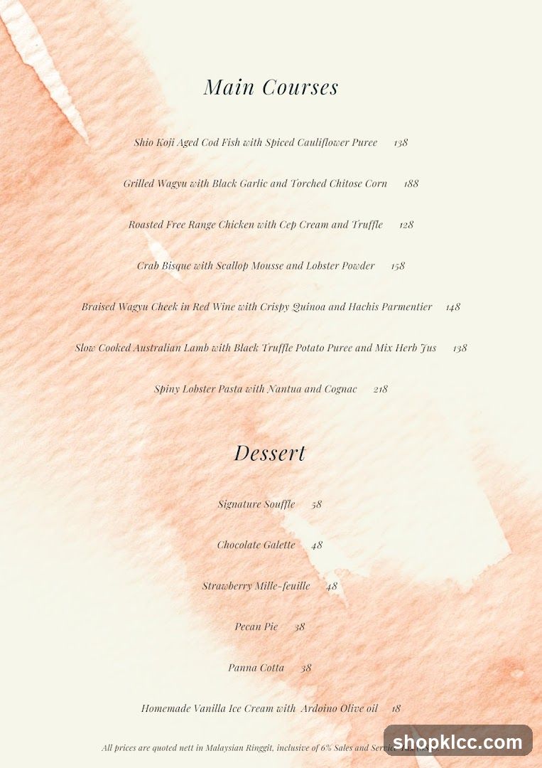 Main Courses and Dessert Menu