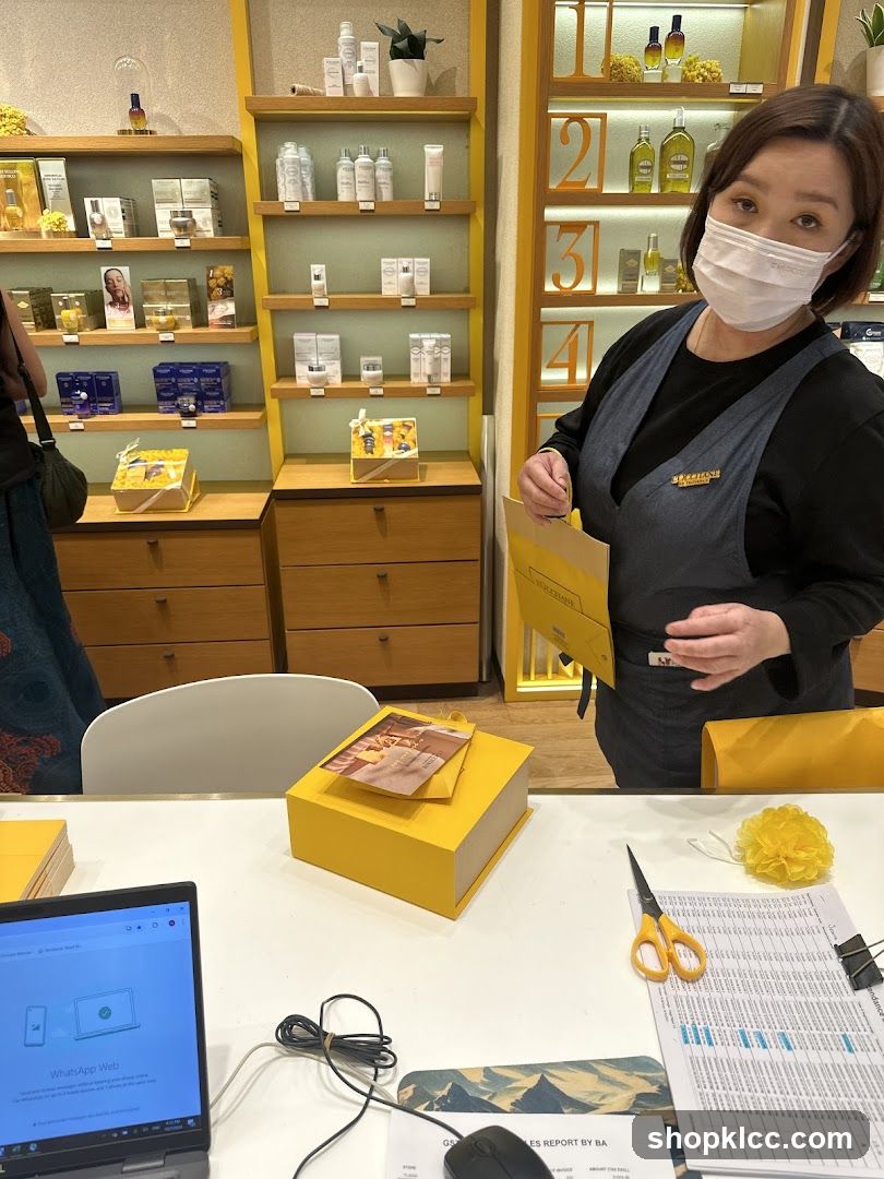 Sales associate packaging a gift