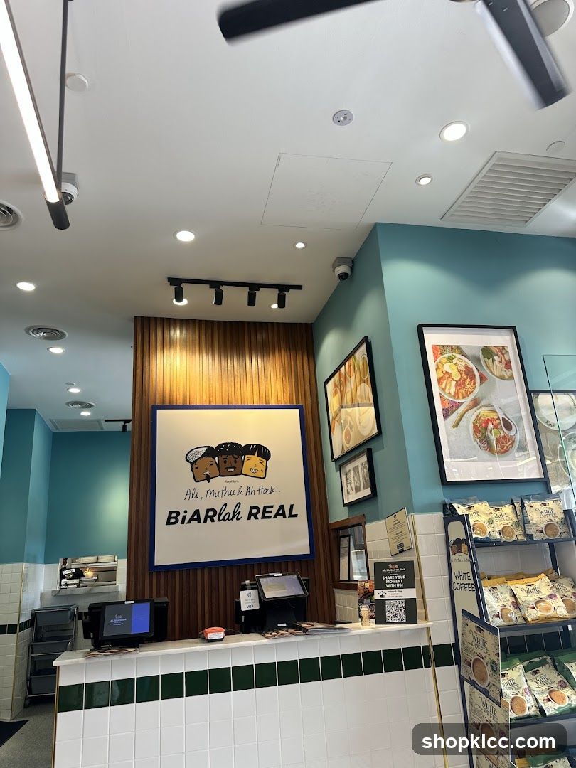 Counter area with signage and products