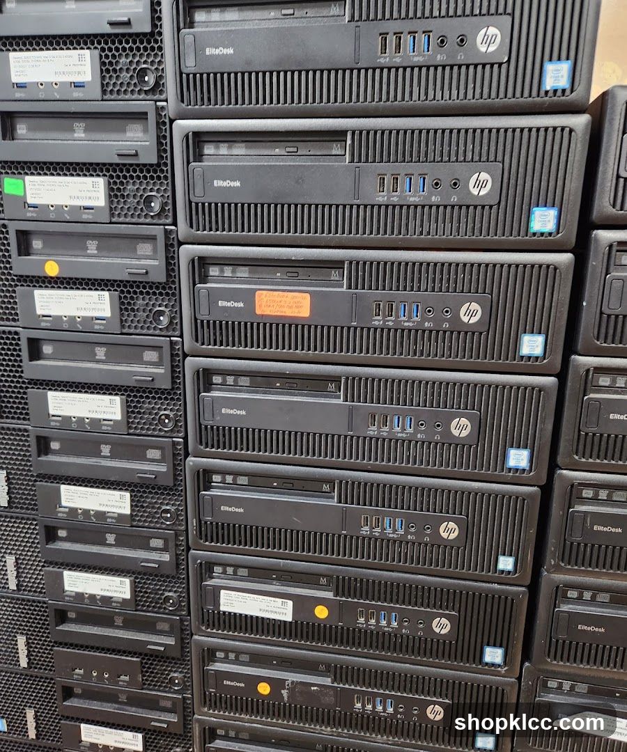 Stack of HP EliteDesk computers