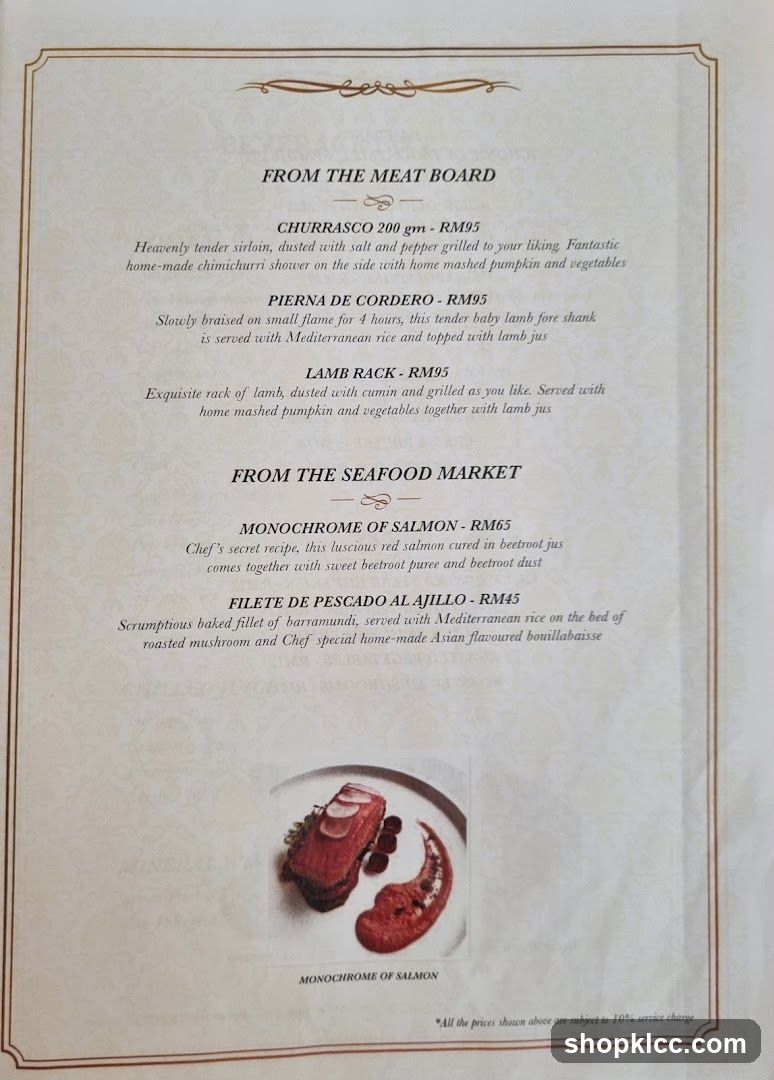 Menu from The Meat Board and Seafood Market