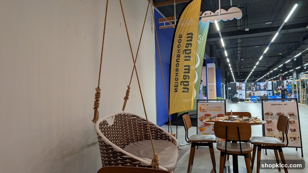 Indoor seating area with promotional displays