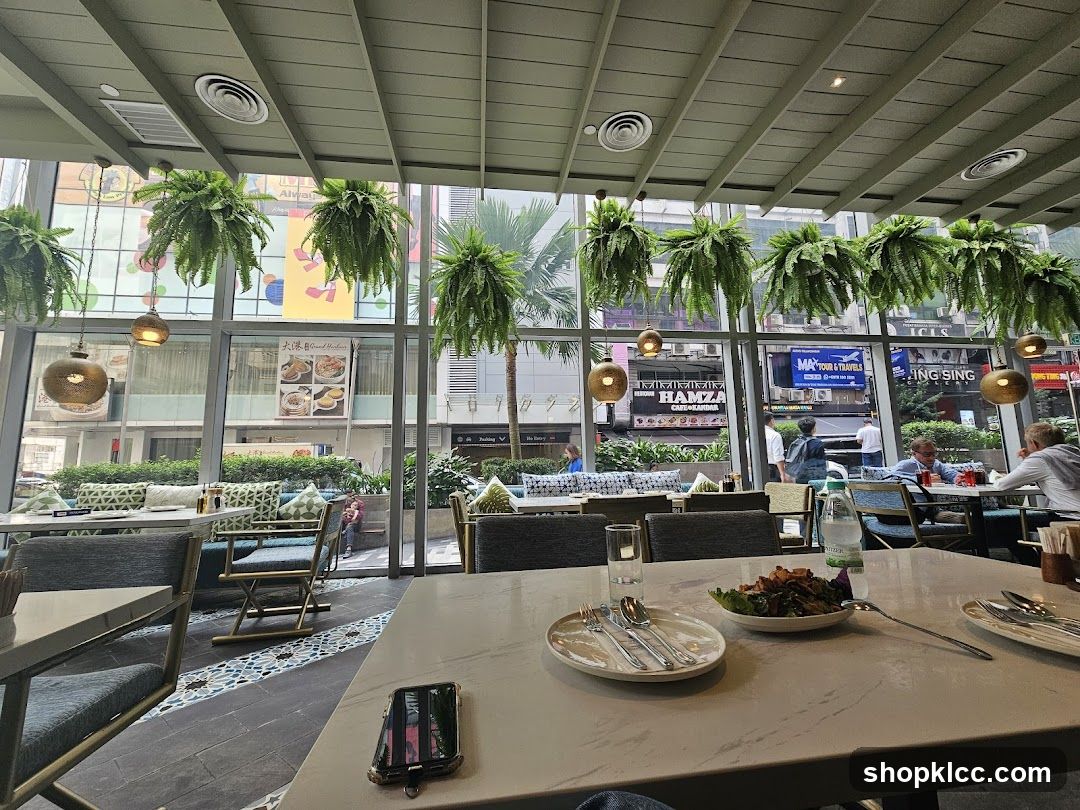 Restaurant Interior with Hanging Plants