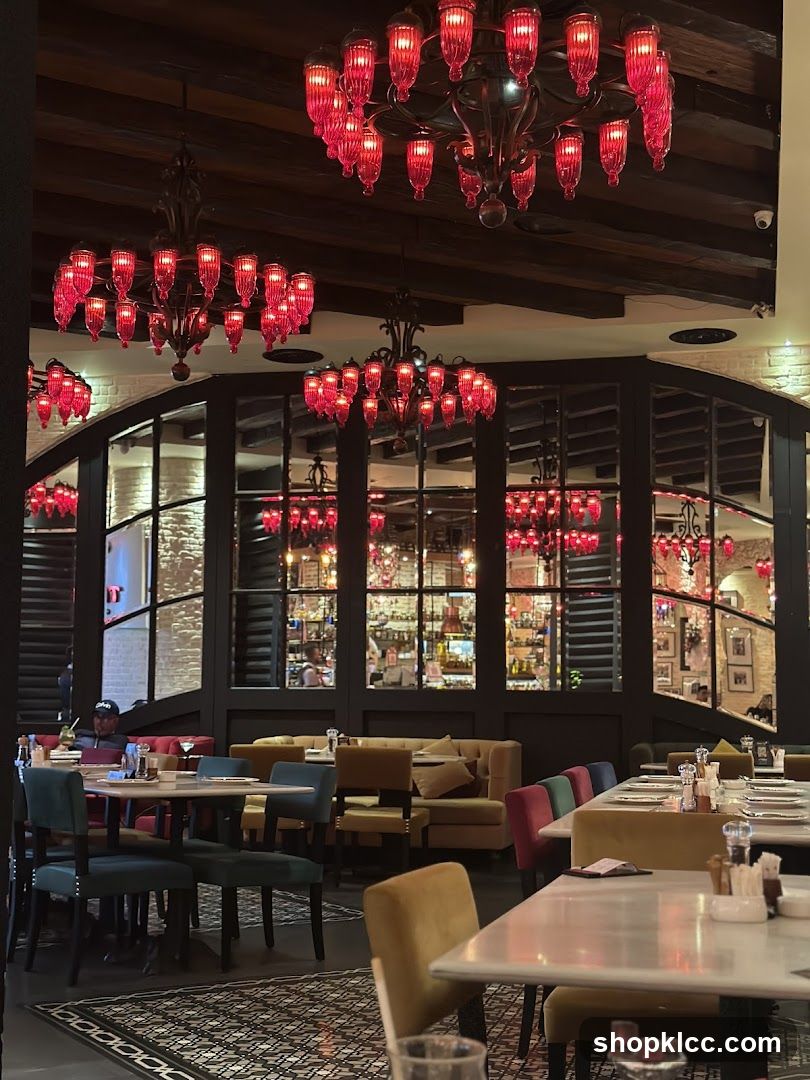 Restaurant Interior with Red Chandeliers