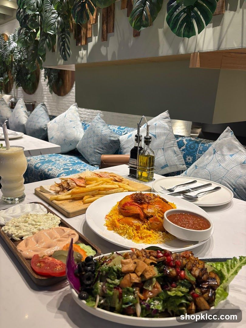 Restaurant Table with Food and Drinks