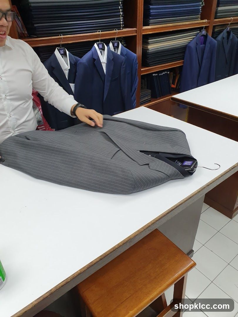 Tailor showing a pinstripe suit jacket