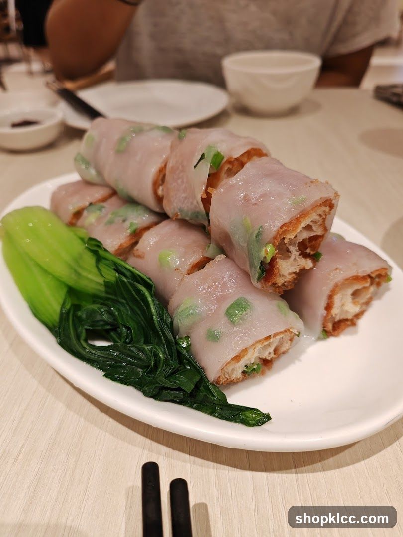 Steamed Rice Rolls with Fried Dough and Greens