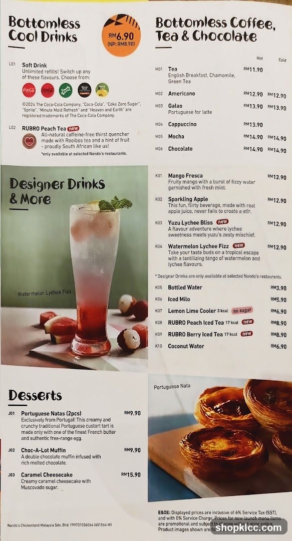 Bottomless Cool Drinks, Bottomless Coffee, Tea & Chocolate, Designer Drinks & More, Desserts