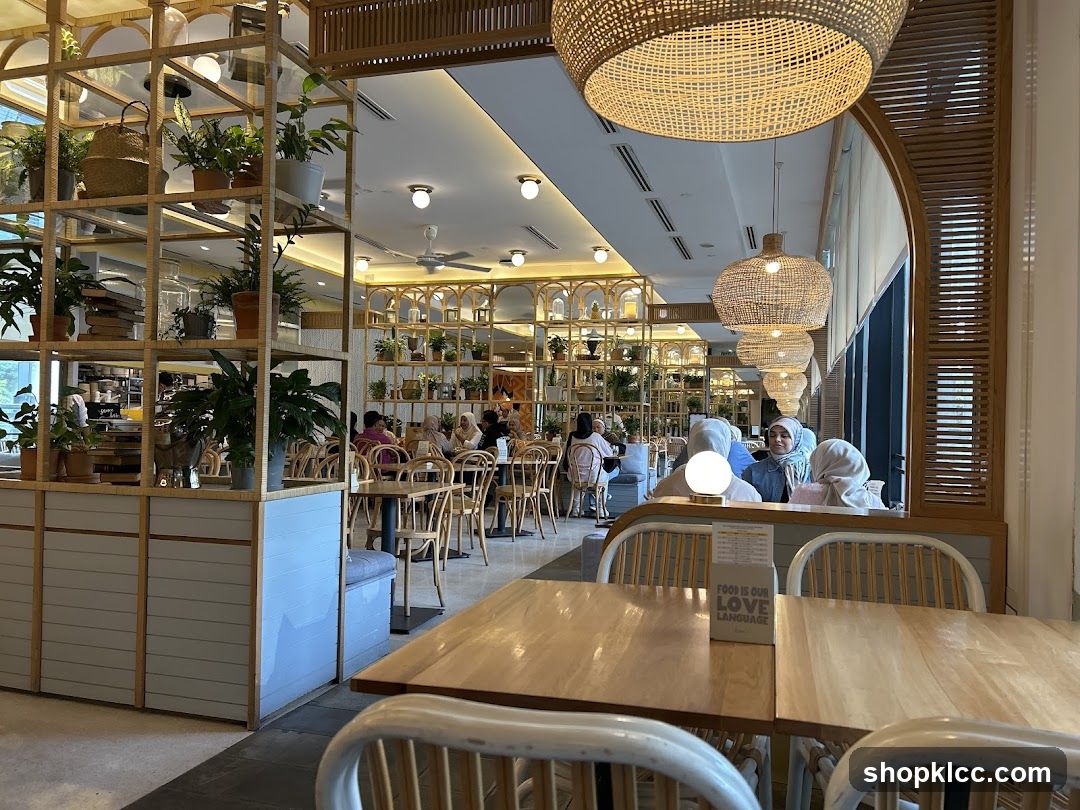 Restaurant Interior with Plants and Woven Lamps