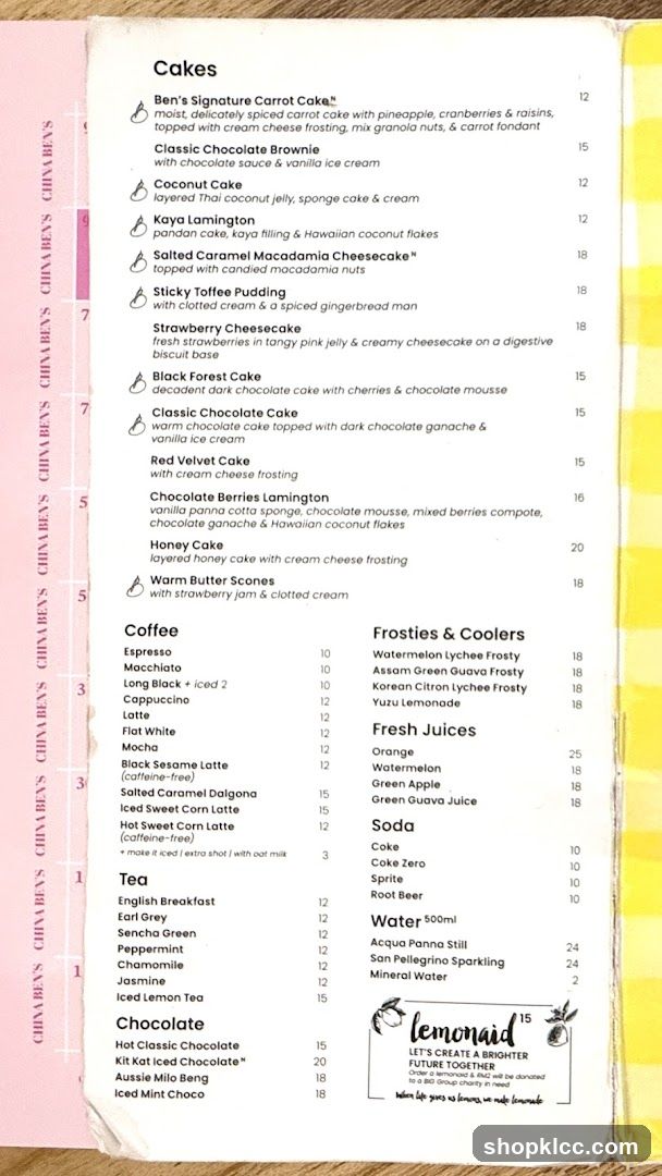 Cakes, Coffee, Tea, Chocolate, Frosties & Coolers, Fresh Juices, Soda, Water