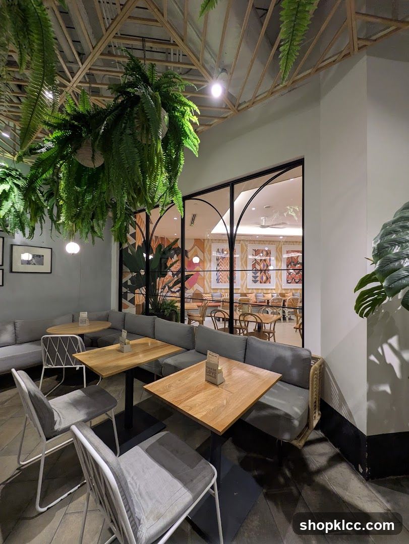 Restaurant Interior with Hanging Plants