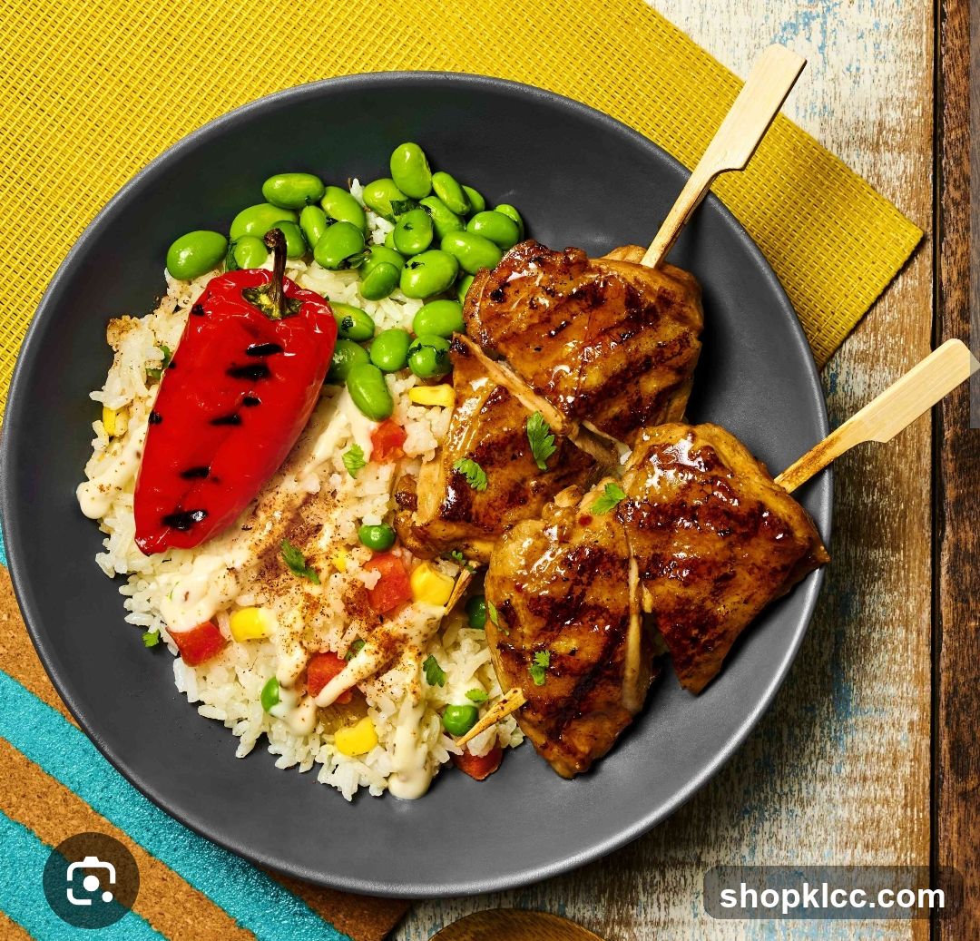Grilled Chicken Skewers with Rice and Edamame