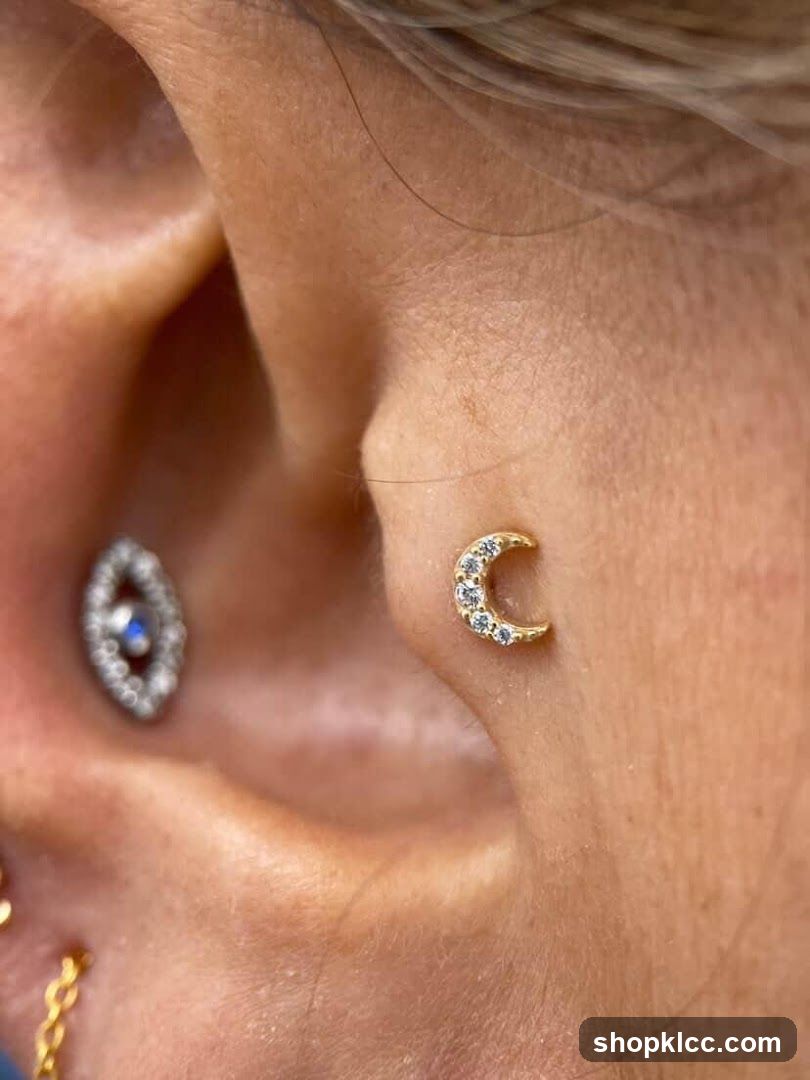 Close-up of a person's ear with multiple piercings.
