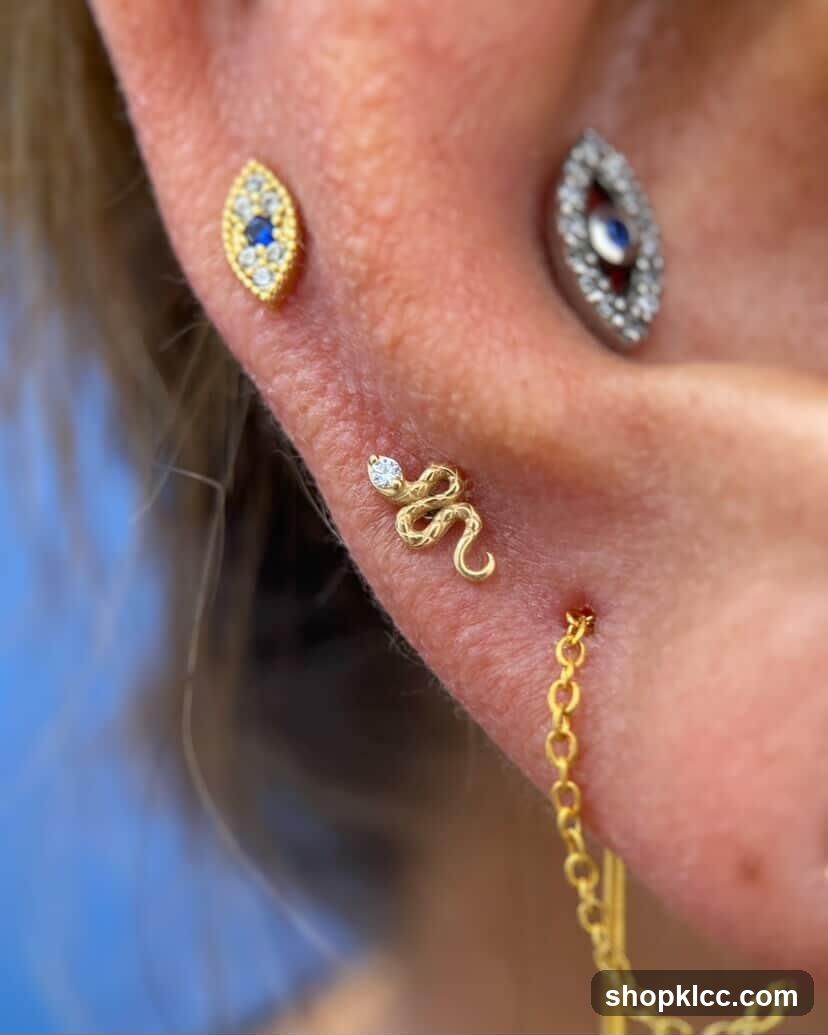 Close-up of ear piercings with jewelry