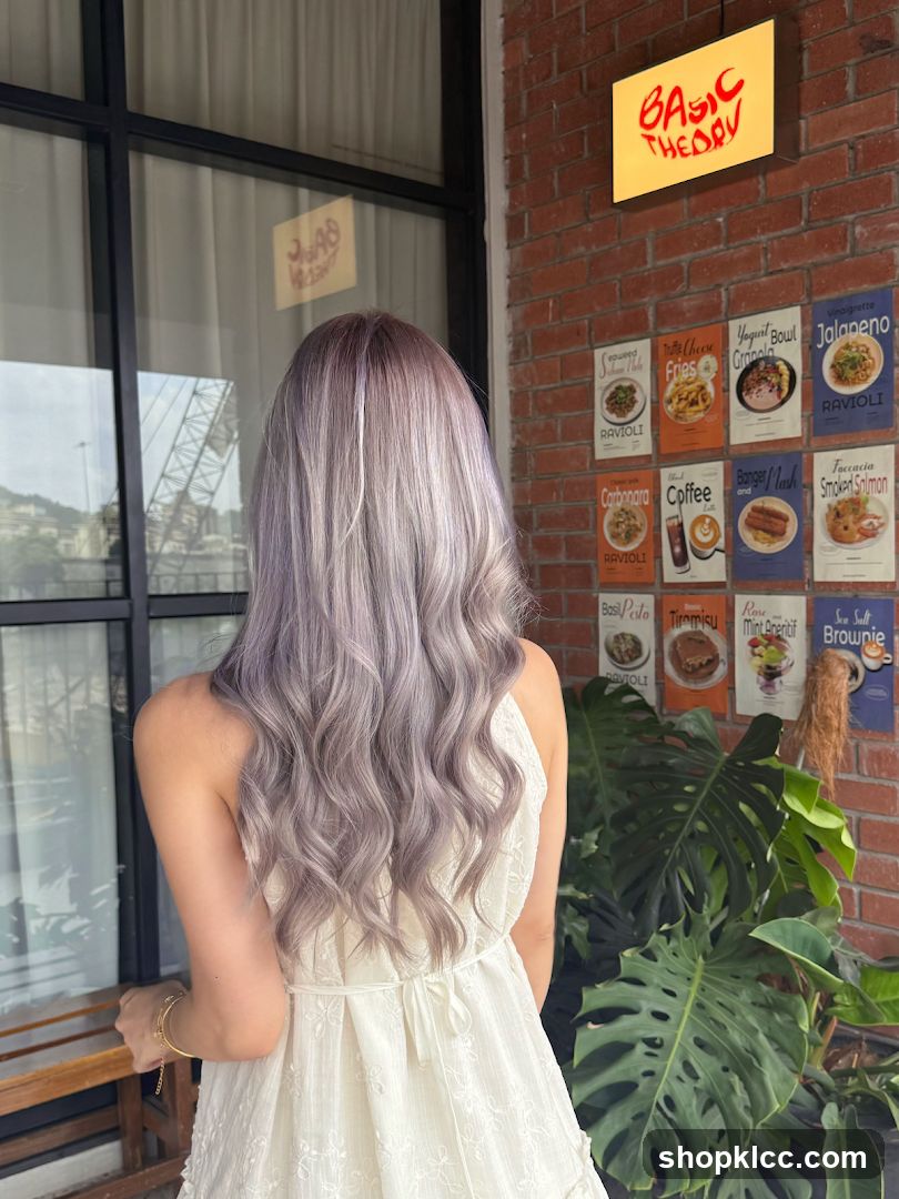 Woman with Purple Hair in Front of a Brick Wall with Menus