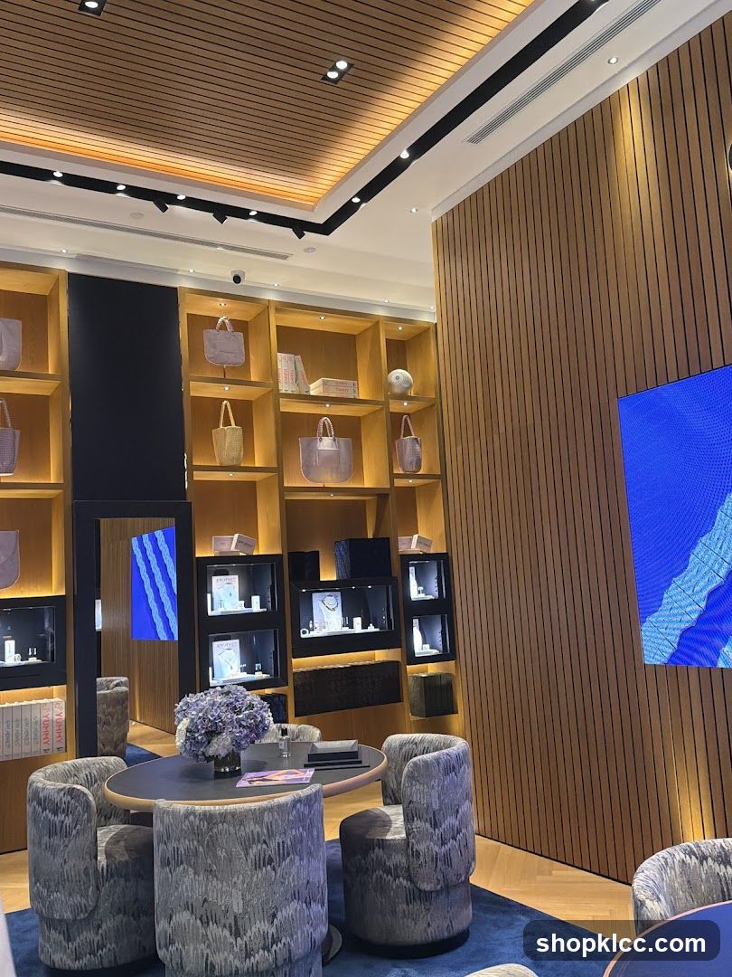 Luxury Store Interior with Display Shelves and Seating Area
