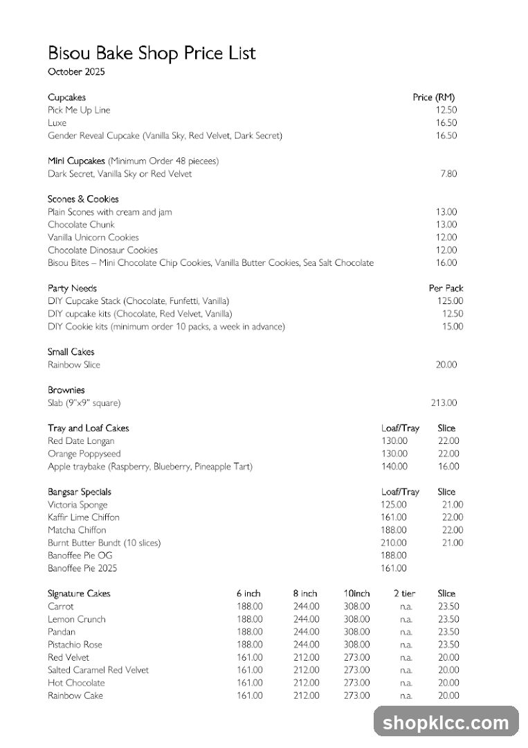Bisou Bake Shop Price List