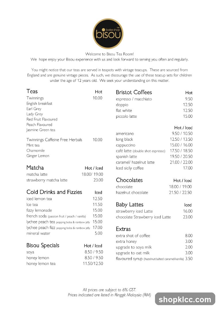 Bisou Tea Room Menu