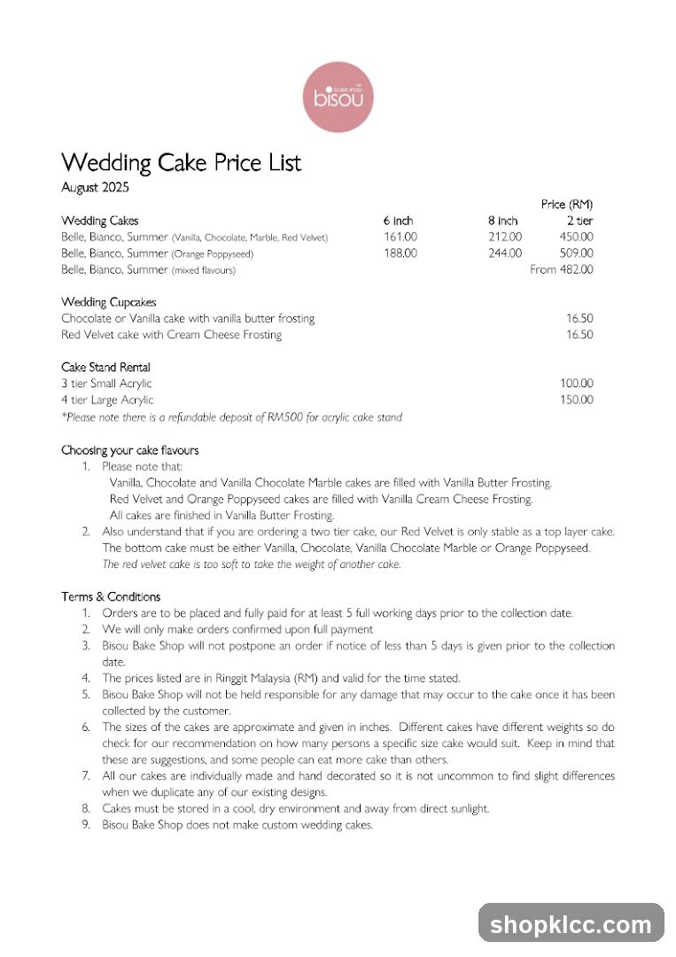 Wedding Cake Price List