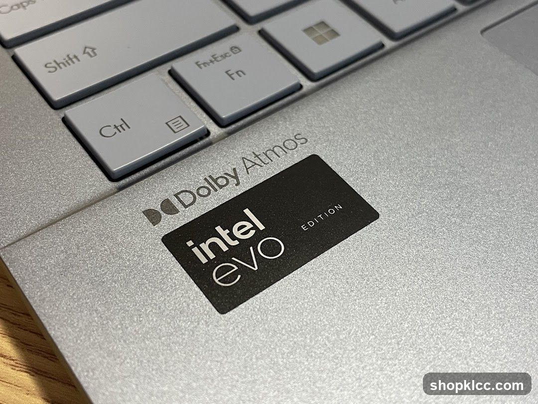 Intel Evo and Dolby Atmos Stickers on Laptop