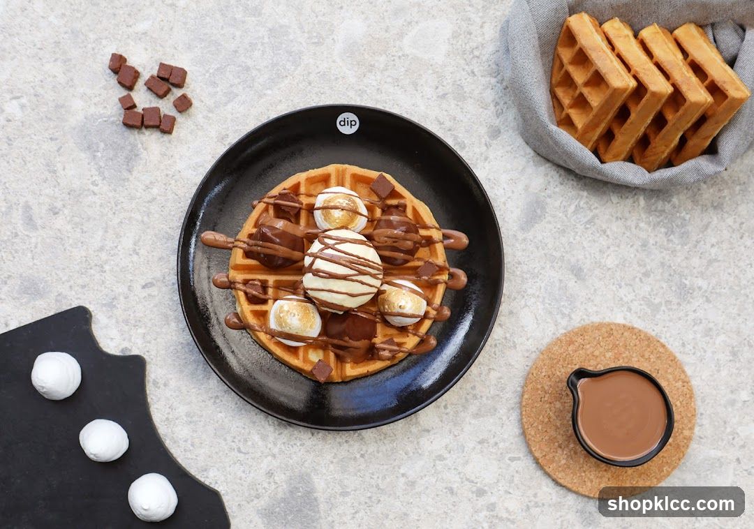 Waffle with ice cream and marshmallows