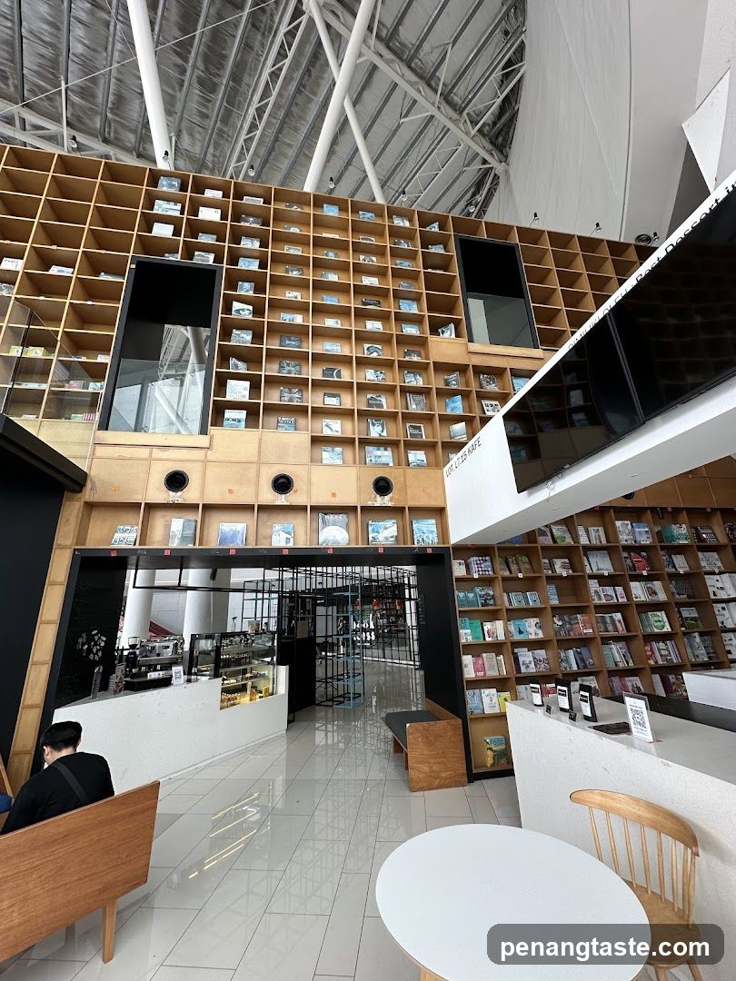 Interior of a cafe with bookshelves