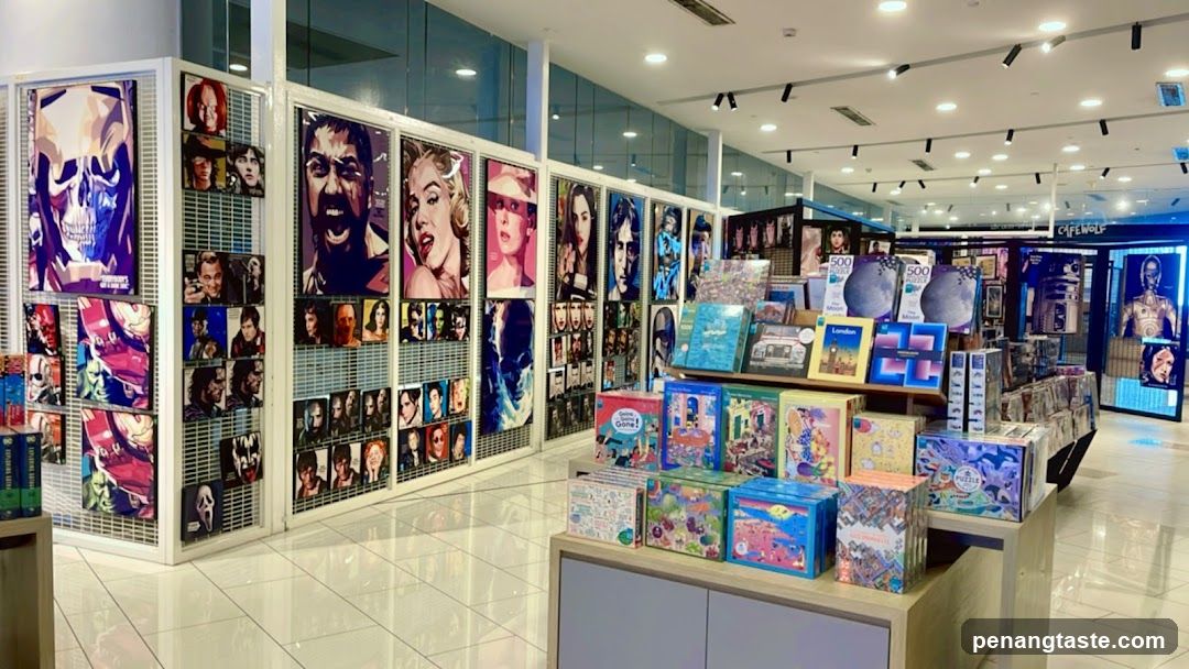 Store interior with movie posters and puzzles